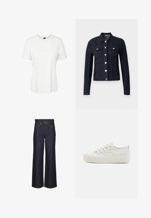 Mørkeblå denimjakke med lange ærmer, sølvknapper foran og to brystlommer med klap og knaplukning.; Hvid kortærmet t-shirt lavet af bomuld med rund halsudskæring og afslappet pasform. Glat tekstur og ingen synlige mønstre eller dekorationer.; Højtaljede brede bukser i mørk denim. Har klassisk stikning, fem lommer og knaplukning foran.; Hvide lærreds sneakers med en struktureret gummisål, rund tå og snørebåndsdesign, der har tre sidelinjer.