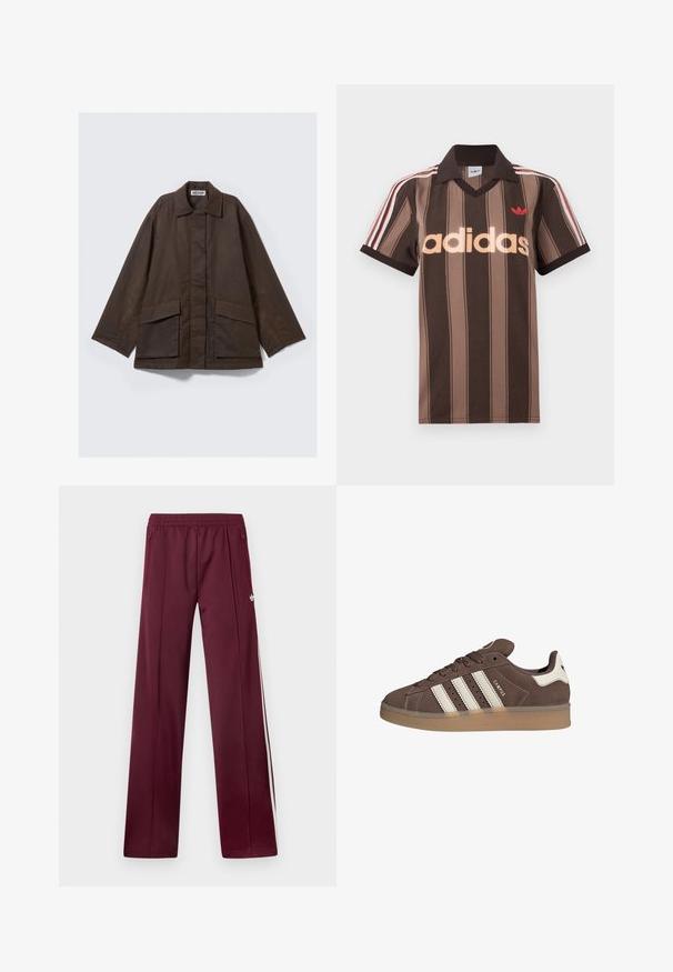 Ruskea pitkähiha takki, jossa on kauluskaulus, kaksi etutaskua ja suora leikkaus. Valmistettu sileästä, kevyestä kankaasta.; Ruskearaidallinen Adidas-pikeepaita, jossa on V-aukko, viininpunainen kaulus ja punainen logo. Paidassa on valkoiset ja punaiset olkapääraidat sekä lyhyet hihat.; Tummanpunaiset verkkarit, joissa on joustava vyötärö, sivutaskut vetoketjulla, valkoiset sivuraidat ja pieni valkoinen Adidas-logo oikeassa reidessä.; Ruskeat mokkakengät, joissa on valkoiset nahkaosuudet ja kolme valkoista raitaa. Ominaisuuksiin kuuluu pyöreä kärki ja kuminen pohja. Logoelementti sivussa.