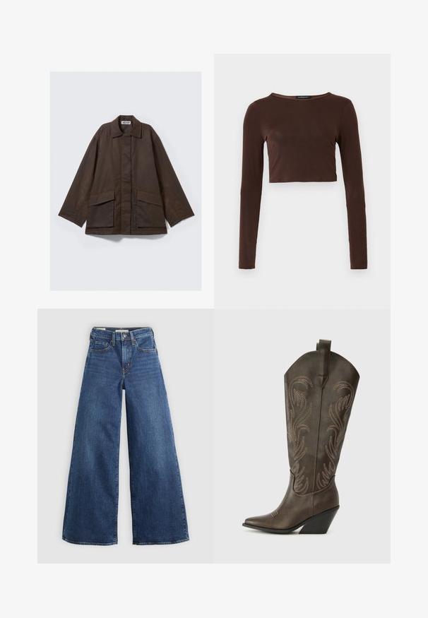 Braune Jacke mit langen Ärmeln, einem Kragen, zwei Fronttaschen und einem geraden Schnitt. Hergestellt aus glattem, leichtem Stoff.; Brauner, langärmeliger, verkürzter Oberteil aus glattem Material mit einem runden Ausschnitt und figurbetontem Design. Keine sichtbaren Muster oder Akzente.; Weite blaue Jeans aus Denim mit fünf Taschen, einem Knopfverschluss und Kontrastnähten, die eine weiche und strukturierte Oberfläche aufweisen.; Braune Leder-Cowboystiefel mit einer spitzen Zehe, Wedge-Absatz und dekorativer Stickerei. Besitzt einen hohen Schaft und eine Zuglasche.