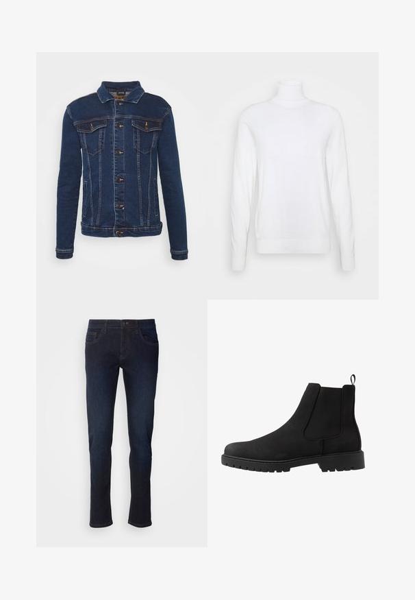 Denim Project DPMKASH DENIM JACKET - Veste en jean - dark blue; Pull à col roulé blanc avec des manches longues, fabriqué en tissu lisse. Présente un design ajusté et des poignets et un ourlet côtelés. Pas de motifs ni d'accents.; Jean en denim bleu foncé avec une coupe droite, dotés de poches avant, d'une fermeture éclair et de détails de couture subtils.; Pier One by Zalando UNISEX - Bottines - black