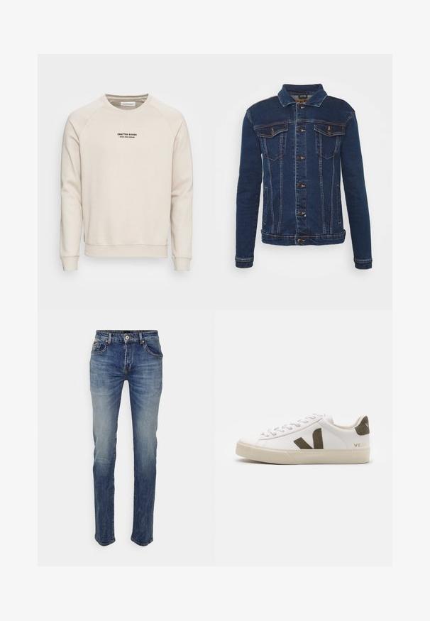 Denim Project DPMKASH DENIM JACKET - Cowboyjakker - dark blue; Cremefarvet sweatshirt med raglanærmer, ribbede manchetter og kant. Har et sort tekstlogo på fronten. Blødt, tekstureret stof.; LTB HOLLYWOOD - Jeans Straight Leg - savius undamaged wash; Hvide læder sneakers med en lys beige gummisål. Har en brun ruskinds V-logo og hælflap. Snørret lukning med en struktureret overflade.