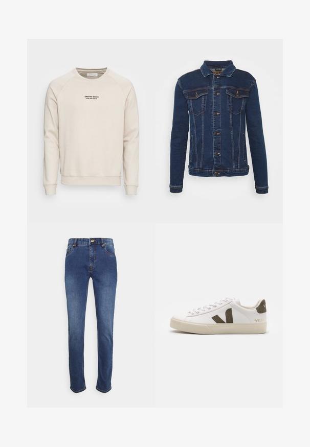 Denim Project DPMKASH DENIM JACKET - Veste en jean - dark blue; Sweatshirt de couleur crème avec des manches raglan, des poignets côtelés et un ourlet côtelé. Présente un logo en texte noir à l'avant. Tissu doux et texturé.; Jeans en denim bleu foncé, avec une coupe droite classique, cinq poches, fermeture à bouton doré et détails de couture discrets le long des coutures.; Baskets en cuir blanc avec une semelle en caoutchouc beige clair. Présentent un logo en V en daim marron et une languette de talon. Fermeture à lacets avec une surface texturée.