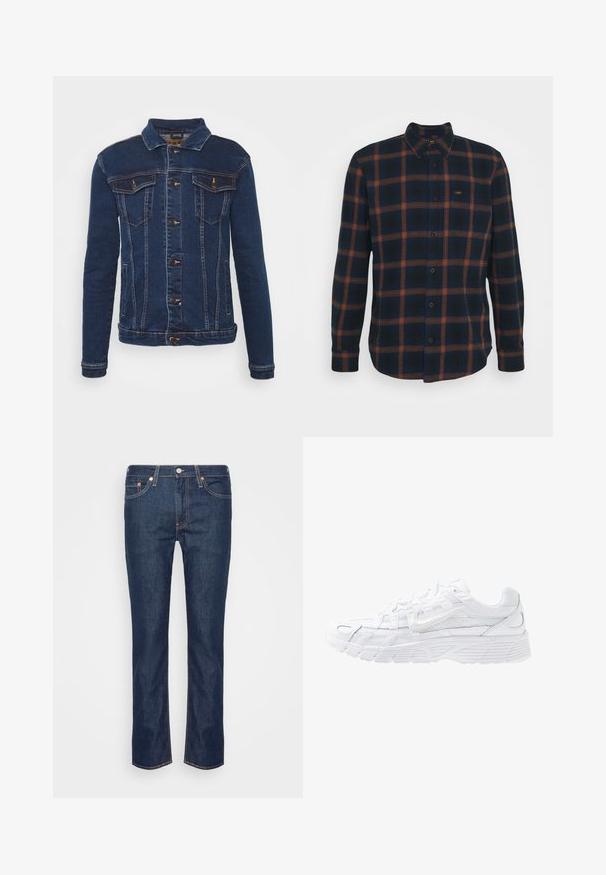 Denim Project DPMKASH DENIM JACKET - Cowboyjakker - dark blue; Blå og orange ternet flannel skjorte med button-down krave og lange ærmer. Har et lille mærke på venstre bryst.; Mørkeblå lige ben denim jeans med orange søm, fem lommer og en frontknap samt lynlås.; Nike Sportswear P 6000 - Sneakers - white/platinum tint