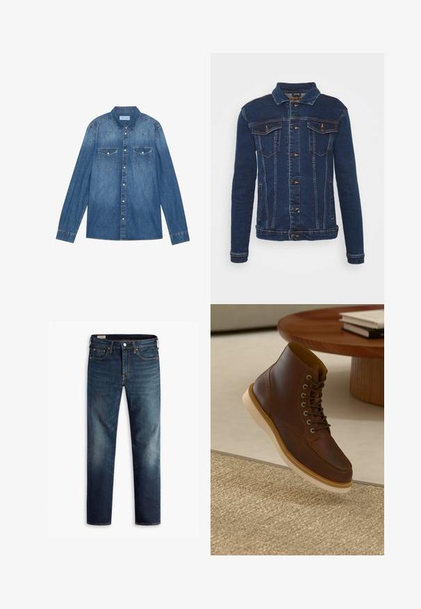 Denim Project DPMKASH DENIM JACKET - Teksajakk - dark blue; Tume sinepärgiga denimsärk pikkade varrukatega, klassikaline krae, nuppudega esisulg, kaks rinnaummikut ja kontrastne õmblus.; Tumed siniselt denimist teksad sirge jala disainiga, viie taskuga ja vasksetele detailidele. Jalgadel olevad kulunud kohad loovad tekstuurilise kontrasti.; Pruun nahkane pahkluu saabas beeži tallaga tekstuurse beeži vaiba peal, ümmarguse puust laua kõrval, mille peal on kokku pandud raamatud.