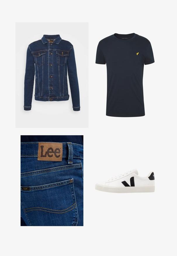 Denim Project DPMKASH DENIM JACKET - Spijkerjas - dark blue; Navyblauwe katoenen t-shirt met een ronde hals en korte mouwen. Voorzien van een klein geel geborduurd vogellogo op de linkerkant van de borst.; Achteraanzicht van blauwe spijkerbroek met een bruine leren patch en een klein stoffen label, beiden met de merknaam Lee boven de achterzak.; Witte leren sneaker met zwarte suède accenten; voorzien van een rubberen zool, ronde neus en een klassieke vetersluiting. Zijkant met logo in het zwart.