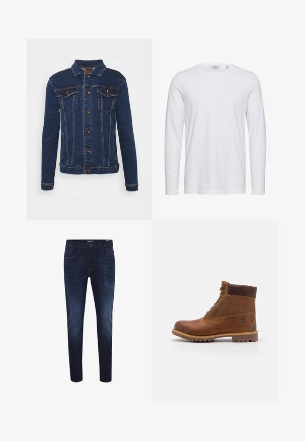 Denim Project DPMKASH DENIM JACKET - Veste en jean - dark blue; Chemise blanche à manches longues en coton avec un col rond, patte de boutonnage à cinq boutons et une texture lisse. Design simple et classique.; Jeans en denim bleu foncé avec une coupe slim, design à cinq poches, un léger effet délavé, fermeture à bouton et étiquette logo sur la taille arrière.; Botte de randonnée en cuir marron avec une finition lisse, cheville rembourrée, œillets en métal et semelle en caoutchouc dotée d'un motif de crampons robuste.