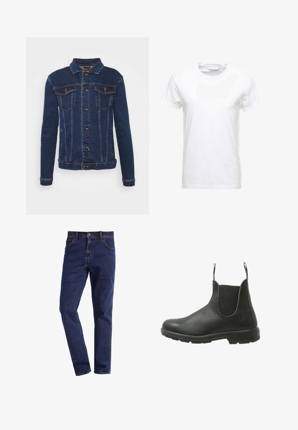Denim Project DPMKASH DENIM JACKET - Jeansjacke - dark blue; Weißes Baumwoll-T-Shirt mit kurzen Ärmeln, Rundhalsausschnitt und glatter Textur. Etikett am Ausschnitt sichtbar. Einfacher und klassischer Stil.; Dunkelblaue gerade geschnittene Denim-Jeans mit Vordertaschen, Knopfverschluss, Gürtelschlaufen und sichtbaren Nähten.; Schwarze Leder Chelsea-Boots mit elastischen seitlichen Einsätzen, runder Zehenpartie und strukturiertem Gummisohle, die für ein einfaches An- und Ausziehen konzipiert sind.