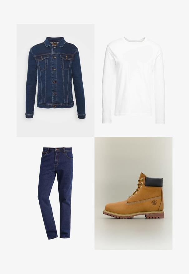 Denim Project DPMKASH DENIM JACKET - Jeansjacke - dark blue; Langärmliges, weißes T-Shirt aus weicher Baumwolle. Rundhalsausschnitt mit geraden Saumabschlüssen und ohne sichtbare Muster oder Grafiken.; Dunkelblaue gerade geschnittene Denim-Jeans mit Vordertaschen, Knopfverschluss, Gürtelschlaufen und sichtbaren Nähten.; Brauner Leder-Stiefelette mit schwarzem Kragen, gelben Schnürsenkeln und hellbrauner Sohle. Verfügt über ein Logo und weiße Ziernähe. Robuste Profilsohle.