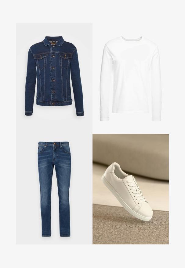 Denim Project DPMKASH DENIM JACKET - Teksajakk - dark blue; Pikad varrukad valge t-särk, mis on valmistatud pehmest puuvillast. Ümmargune kaelus, sirge lõikega ääred ning ilma nähtavate mustrite või graafikateta.; Tumed sinise denimi teksad, sirge lõikega, viie taskuga, kerge kulumisjälg ja kontrastvärviline õmblus, nööpkinnitus vööl.; Valge nahast tenniseking valgete paeltega, esitatud beežil tekstureeritud pinnal ja pehmelt häguses taustal.