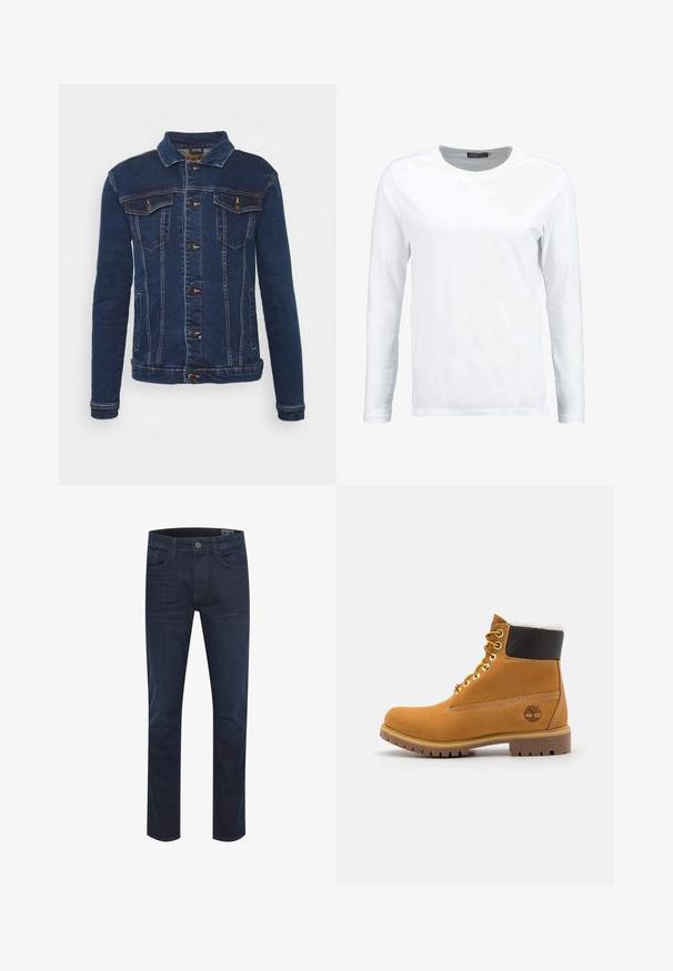Denim Project DPMKASH DENIM JACKET - Denimová bunda - dark blue; Biela dlhá tričko s dlhým rukávom vyrobené z bavlny, s okrúhlym výstrihom a hladkou textúrou. Bez vzorov a akcentov. Jednoduchý dizajn.; Tmavomodré džíny z denimu so rovnými nohavicami, dizajnom s piatimi vreckami, zapínaním na gombík a jemným vyblednutím. Majú hladkú textúru a odolnú látku.; Hnedé kožené ankle boot s kovovými očkami, bielym kožúškom vo vnútri, čiernym vypolstrovaným golierom, robustnou podrážkou a vyrazeným logom na boku.