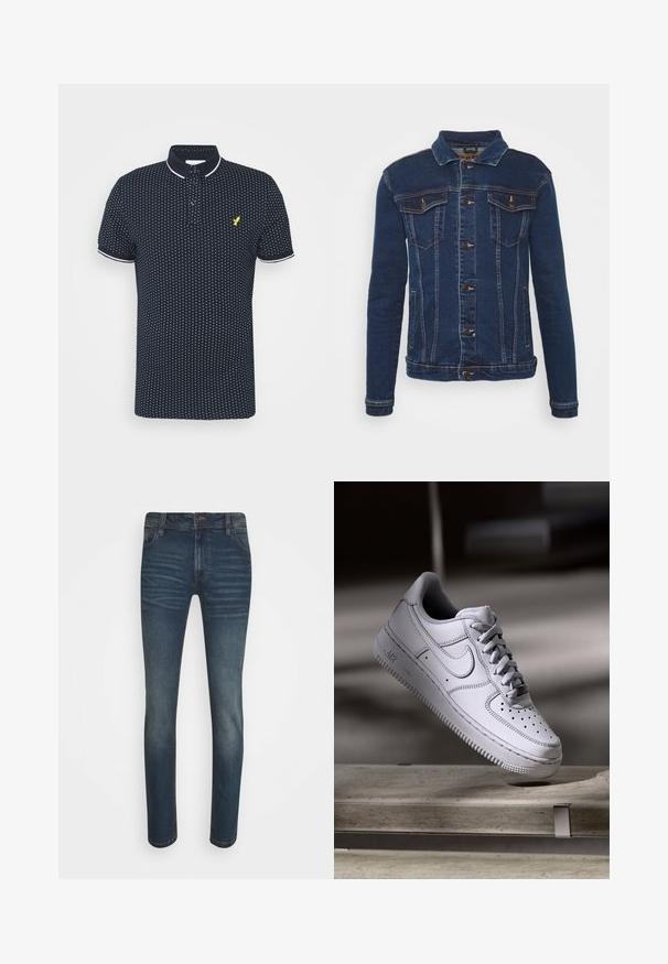 Denim Project DPMKASH DENIM JACKET - Chaqueta vaquera - dark blue; Polo navy con un pequeño patrón de puntos blancos, mangas cortas, acentos blancos en el cuello y los puños, y un logo amarillo en el pecho.; Vaqueros de denim azul oscuro con corteSlim, que presentan un clásico diseño de cinco bolsillos, áreas desgastadas y sutiles líneas texturizadas en la parte delantera.; Zapatilla Nike Air Force 1 de cuero blanco que presenta una puntera perforada, cordones planos y una suela de goma texturizada con la marca "AIR" en el lateral.
