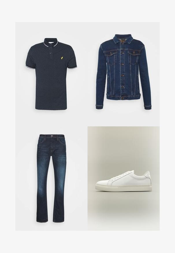 Denim Project DPMKASH DENIM JACKET - Veste en jean - dark blue; Polo-shirt marine avec un petit motif de pois blancs, manches courtes, accents blancs sur le col et les poignets, et un logo jaune sur la poitrine.; Jean droit bleu foncé en denim, avec poches avant, fermeture à bouton, et décoloration le long des cuisses pour un look usé.; Baskets blanches basses à lacets sur l’avant et semelle épaisse, vues de côté sur un fond neutre.