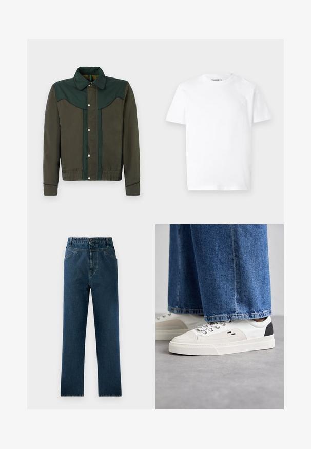 Grøn og brun jakke med trykknaplukning, krave og elastiske manchetter og nederdel. Har kontrasterende farvepaneler og subtil tekstur.; Hvid bomulds T-shirt med rund hals og korte ærmer. Har et lille, præget logo på venstre bryst. Glat tekstur.; Mørkeblå denim straight-leg jeans med høj talje, der har forlommer og en knaplukning. Struktureret stof med subtil falmning.; Hvide og sorte sneakers med en glat læderoverdel, teksturerede detaljer og en kraftig hvid sål. Har et klassisk snørebåndsdesign.