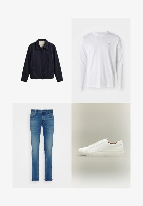 Marineblauwe jas met rits en kraag, twee voorzakken en een klein geborduurd logo op de borst, met GANT-label aan de binnenkant van de kraag.; Witte katoenen blouse met lange mouwen, voorzien van een ronde halslijn en een klein donkerblauw "M OP" logo op de linker borst. Glad van textuur.; Blauwe denim jeans met een recht model, vijf zakken en een knoopsluiting met een lichte vervaging en wassingdetails.; Witte lage sneaker met vetersluiting en platte zool, zijwaarts weergegeven op een neutrale achtergrond.