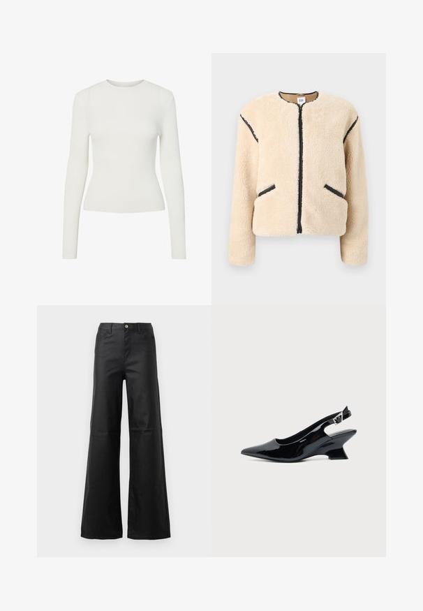 Beige Jacke aus Kunstpelz mit rundem Ausschnitt, Frontreißverschluss, schwarzen Akzenten an den Seiten und zwei Seitentaschen. Weiches, strukturiertes Material.; Weißes langärmliges Rippenoberteil mit Rundhalsausschnitt, figurbetontem Schnitt und glatter Textur. Minimalistisches Design, keine sichtbaren Muster oder Verzierungen.; Schwarze weit geschnittene Jeans aus glattem Denim, mit Knopfverschluss, vorderen Taschen und hohem Bund.; Schwarzer Slingback-Schuh aus Lackleder mit spitzer Spitze und niedrigem, schrägem Blockabsatz auf einfachem hellem Hintergrund.