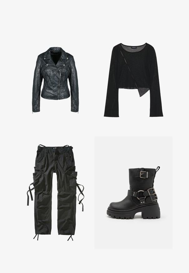Schwarze Kunstleder-Motorradjacke mit einer zerknitterten Textur, einem Reverskragen und silberfarbenen Reißverschlüssen auf der Vorderseite und den Seiten.; Schwarzes langärmliges Crop-Top aus leichtem, durchsichtigem Stoff. Mit Rundhalsausschnitt und asymmetrischem Saum mit leichter Textur.; Schwarze Cargo-Hosen aus leichtem Material, mit mehreren Taschen, Kordelzug seitlich und einem entspannten Schnitt mit verstärkten Nähten.; Schwarze Leder-Stiefel bis zum Knöchel mit einer klobigen Sohle, Schnallen- und Riemenakzenten sowie einer strukturierten Oberfläche. Verfügt über eine Zuglasche für einfaches An- und Ausziehen.