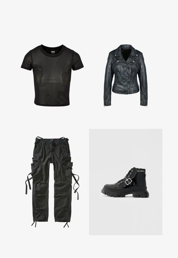 Chaqueta de moto de cuero sintético negra con una textura arrugada, cuello con muesca y cremalleras de tono plateado en la parte delantera y los laterales.; Camiseta corta negra hecha de tela translúcida, con mangas cortas y escote redondo. Superficie texturizada y dobladillo sólido en contraste.; Pantalones cargo negros hechos de un tejido ligero, con múltiples bolsillos, laterales ajustables con cordón y un ajuste relajado con costuras reforzadas.; Botín de tobillo de charol negro con suela gruesa, parte delantera con cordones, correa de hebilla plateada y logo "KARL LAGERFELD" en la parte superior.