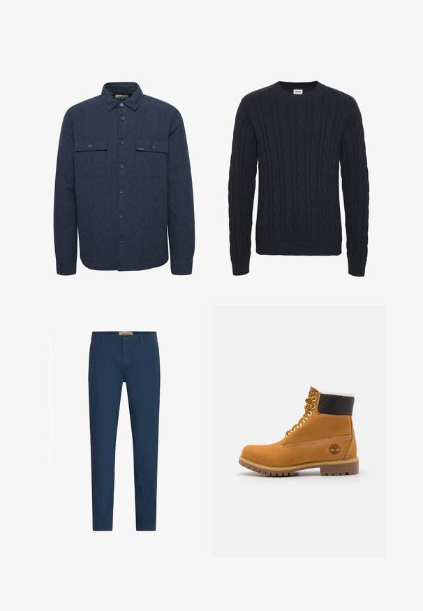 Marineblaues, gestepptes Hemd-Jacke mit einer Knopfleiste, zwei Brusttaschen und dezentem diagonalen Stickmuster. Hergestellt aus strukturiertem Stoff.; Dunkelblauer Kabelstrickpullover mit Rundhalsausschnitt, gerippten Bündchen und Saum. Verfügt über strukturierte Muster im gesamten Stoff.; Marineblaue Slim-Fit-Hosen für Herren mit Gürtelschlaufen, Frontknopfverschluss und Seitentaschen, vor einem weißen Hintergrund präsentiert.; Braune Leder-Ankle-Boots mit Metallösen, weißem Kunstfellfutter, schwarzem gepolstertem Kragen, robustem Sohlenprofil und geprägtem Logo an der Seite.