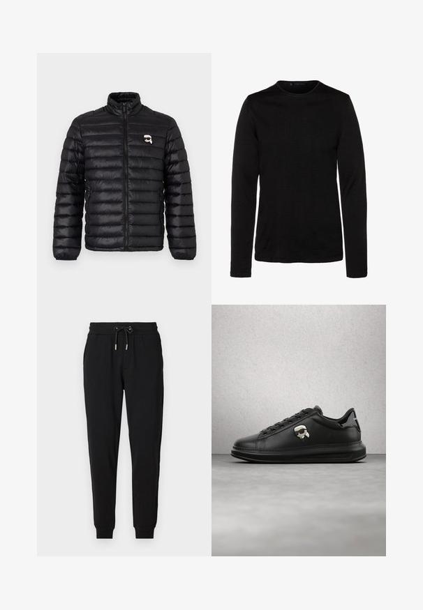Must have ülikerge must puffer jakk, millel on kõrge krae, horisontaalne tikand ja rinna logo. Valmistatud läikivast materjalist, mis on varustatud painduva sõrmedega ja tõmbluku sulgemisega.; Must musta kolmveerand varrukatega särk, mis on valmistatud pehmest kangast, ümmarguse kaelusega ja sobiva siluetiga. Ei ole nähtavaid mustreid ega lisakaunistusi.; Mustad mustad püksid elastse vöökoht ja reguleeritava nööriga, küljetaskud ja kitsenevad sääred. Valmistatud pehmest ja venivast kangast.; Isik, kes kannab musti nahkpükse ja musti tenniseid, mille küljes on väike multikategelase aksessuaar, seisab puidust põrandal.