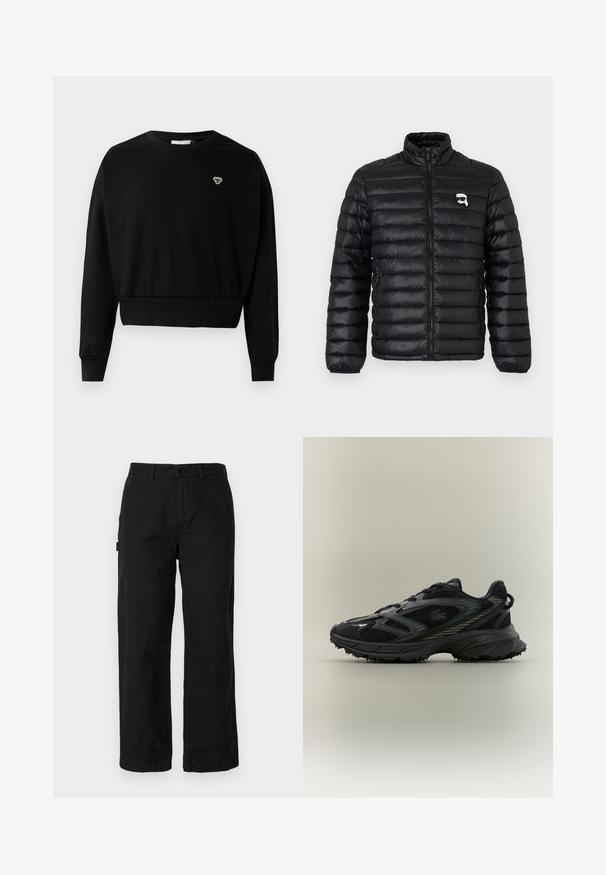 Sort pufferjakke med høj krave, horisontal quiltning og et logo på brystet. Lavet af skinnende materiale med elastiske manchetter og lynlåslukning.; Sort cropped sweatshirt med rund halsudskæring, lange ærmer og et lille broderet logo på brystet, lavet af en blød bomuldsblanding.; Sorte bomulds cargo bukser med en lige ben-design, der har sidelommer og en frontknaplukning. Holdbart stof med en glat tekstur.; Sort atletisk sko med meshpaneler, en tekstureret sål, snørebånd og en buet silhuet med sølvfarvede accenter på siderne.