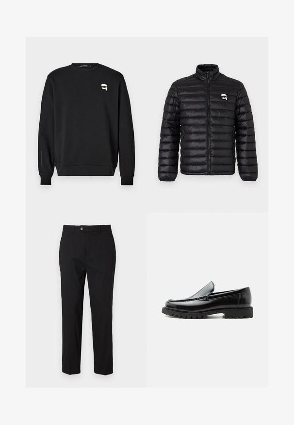 Sort pufferjakke med høj krave, horisontal quiltning og et logo på brystet. Lavet af skinnende materiale med elastiske manchetter og lynlåslukning.; Sort sweatshirt med rund halsudskæring, ribbede manchetter og smæk. Har et lille grafisk motiv på brystet og mærkets navn trykt påærmet.; Sorte bukser lavet af glat stof, med knaplukning, bælteholdere og to sidelommer. Lige ben-udsnit med minimal detaljering.; Sort læderloafer med chunky gummisål, syet overdel og præget mærkenavn på hælen, vist i sideprofil på hvid baggrund.