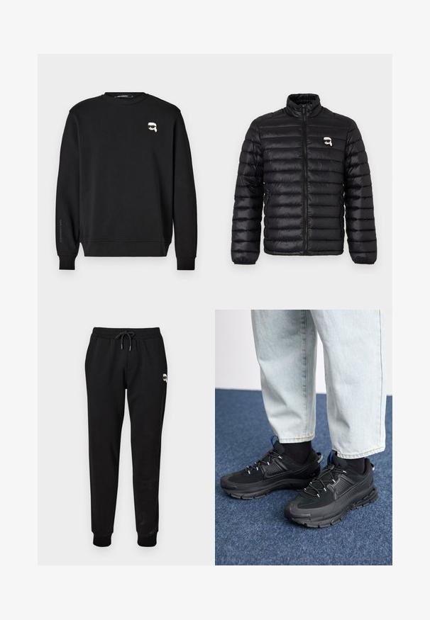 Must have ülikerge must puffer jakk, millel on kõrge krae, horisontaalne tikand ja rinna logo. Valmistatud läikivast materjalist, mis on varustatud painduva sõrmedega ja tõmbluku sulgemisega.; Must tõmblukk, ümmargune kaelus, ribakudu varrukates ja servas. Rinnal on väike graafika ja brändi nimi on trükitud varrukale.; Mustad mustad püksid elastse vöökoha ning reguleeritava nööriga. Omab soonikkoes pitsmisi ja väikest graafilist detaili ülemisel jalal.; Mustad mustad jooksukingad, millel on tekstureeritud kangas ja kummist tallad, elastsed nöörid ning sinine aksent kandadel. Kandmine heledate teksadega.