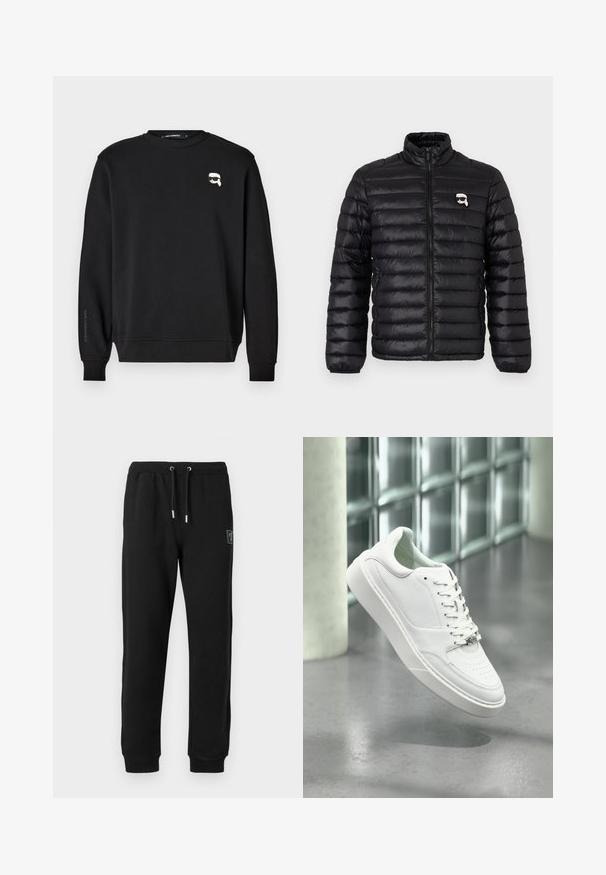 Chaqueta acolchada negra con cuello alto, acolchado horizontal y logo en el pecho. Fabricada con material brillante, con puños elásticos y cierre de cremallera.; Sudadera negra con cuello redondo, puños y bajo acanalados. Presenta un pequeño gráfico en el pecho y el nombre de la marca impreso en la manga.; Pantalones de chándal negros hechos de un tejido suave que cuentan con una cintura elástica con cordón, bolsillos laterales y puños ajustados en los tobillos.; Zapatilla deportiva de cuero blanco con punta redondeada, cierre frontal con cordones y suela plana de goma. Presenta detalles perforados y un sutil acento con el logo.