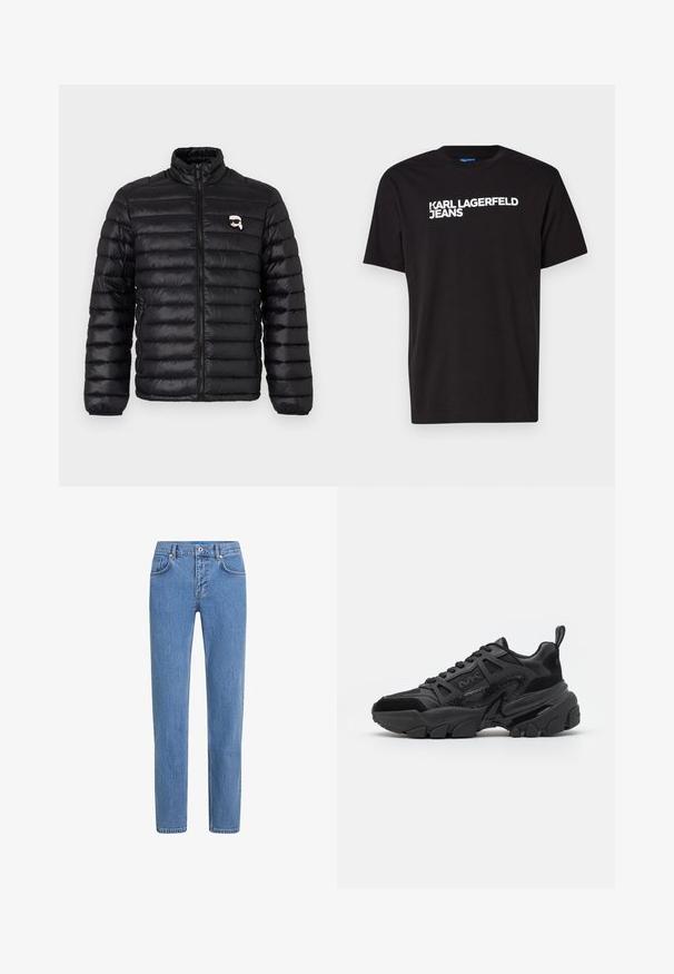 Must have ülikerge must puffer jakk, millel on kõrge krae, horisontaalne tikand ja rinna logo. Valmistatud läikivast materjalist, mis on varustatud painduva sõrmedega ja tõmbluku sulgemisega.; Must must t-särk lühikeste varrukatega ja ümmarguse kaelusega, millel on diagonaalselt esiküljel valge tekst "KARL LAGERFELD JEANS".; Heled sinine teksariie sirge sääre disainiga, viie tasku ja nööbikinnitusega. Kangas on tekstuurse pinnaga ja kerge pleekimisega.; Mustad vabaajajalatsid, mis ühendavad siledad ja tekstureeritud materjalid, paksu tallaga, pitsidega kinnise disainiga ja iseloomulike külgdetailidega.