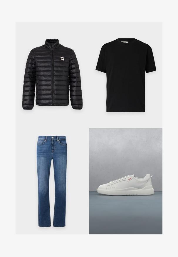 Sort pufferjakke med høj krave, horisontal quiltning og et logo på brystet. Lavet af skinnende materiale med elastiske manchetter og lynlåslukning.; Sort kortærmet t-shirt lavet af bomuld med rund halsudskæring og løs pasform. Glat tekstur, ingen mønstre eller synlige logoer.; Mørkeblå denimjeans med lige ben, fem-lomme stil og kontraststing. Har en knap- og lynlåslukning.; Hvide sneakers med en glat læderfinish, rund tå, fire snørehuller, subtile perforeringer og en rød logo detalje på siden.