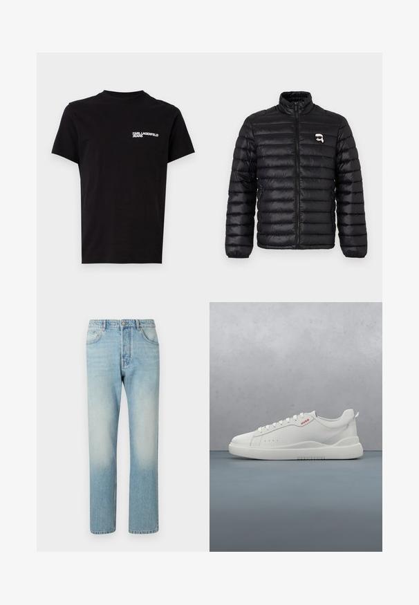 Schwarze Daunenjacke mit hohem Kragen, horizontaler Steppung und Brustlogo. Hergestellt aus glänzendem Material mit elastischen Bündchen und Reißverschluss.; Schwarzes T-Shirt aus Baumwolle mit Rundhalsausschnitt und kurzen Ärmeln. Auffälliger weißer Logo-Text auf der linken Brustseite. Einfaches Design.; Helle blaue Jeans aus Denim mit geradem Bein, fünf Taschen und einem ausgewaschenen Effekt an den Oberschenkeln.; Weiße Sneaker aus glattem Leder, runde Spitze, vier Ösen, dezente Perforationen und ein rotes Logodetail an der Seite.
