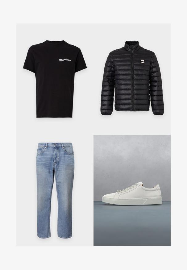Doudoune noire avec col montant, matelassage horizontal et logo sur la poitrine. Fabriquée en matériau brillant avec des poignets élastiques et une fermeture éclair.; T-shirt noir en coton, avec un col ras du cou et des manches courtes. Texte logo blanc notable sur la zone de la poitrine gauche. Design simple.; Jeans en denim bleu clair avec une coupe droite, un design à cinq poches, une couture visible et une fermeture à bouton à la taille.; Baskets en cuir blanc avec un bout arrondi, design minimaliste, lacets gris et semelle en caoutchouc gris texturé. Détails de couture subtils visibles.