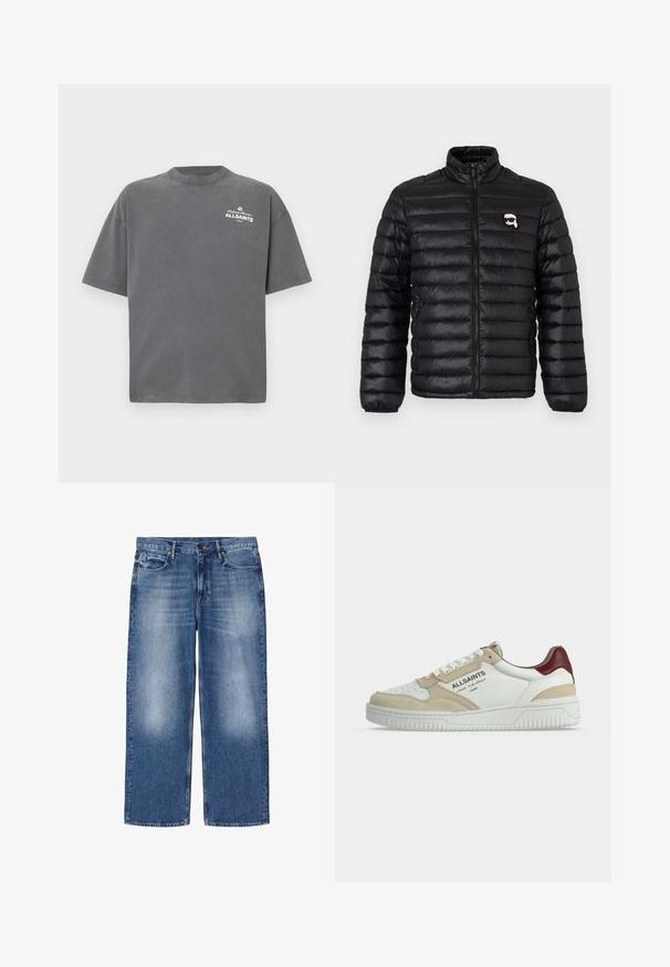 Sort pufferjakke med høj krave, horisontal quiltning og et logo på brystet. Lavet af skinnende materiale med elastiske manchetter og lynlåslukning.; Mørkegrå T-shirt med korte ærmer og rund hals med lille hvid "ALLSAINTS"-logo på øverste venstre bryst.; Blåtonede straight-leg denimjeans med fem lommer og knaplukning, vist fladt på hvid baggrund.; Lavtopsneakers i hvid med beige ruskinddetaljer, rød hælflig, hvid sål og "ALLSAINTS" branding på siden.