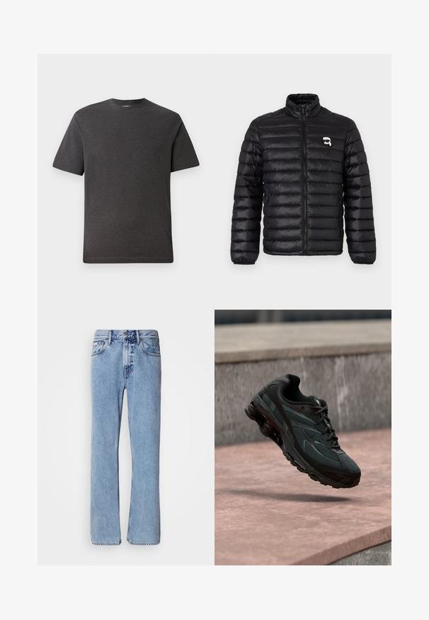 Chaqueta acolchada negra con cuello alto, acolchado horizontal y logo en el pecho. Fabricada con material brillante, con puños elásticos y cierre de cremallera.; Camiseta de manga corta gris, hecha de una tela suave y ligera, con cuello redondo y costuras mínimas. Apta para uso casual.; Jeans de mezclilla azul claro con un diseño de pierna recta, cinco bolsillos y cierre de botón. Detalles de costura cerca de los bolsillos y la cintura.; Zapatilla deportiva negra con entresuela visible con amortiguación de aire que flota sobre una superficie de piedra rosa con un fondo de pared de piedra gris.