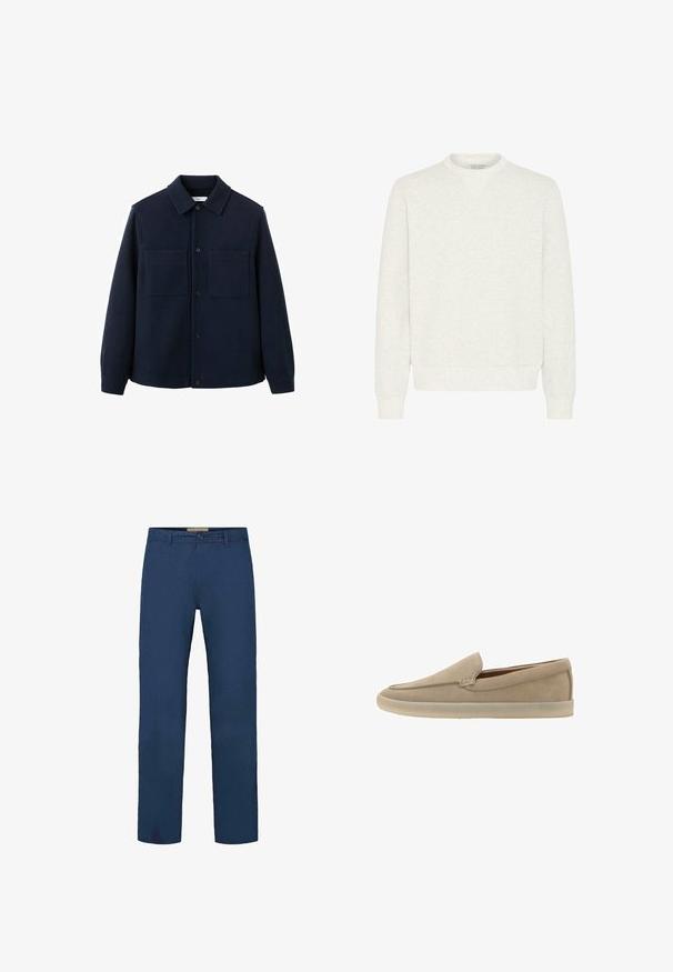 Veste en polaire bleu marine avec fermeture à boutons, col pointu et deux poches poitrine, au toucher lisse et au design simple.; Sweat-shirt gris clair à col ras du cou avec manches longues, tissu texturé, poignets et ourlet côtelés, présentant une subtile couture en V au niveau de l'encolure.; Pantalon en coton bleu marine avec une coupe droite, doté d'une fermeture à boutons à l'avant et de poches latérales visibles. Texture lisse.; Mocassin beige en daim à enfiler, semelle en caoutchouc clair, petit talon et coutures discrètes le long du bord supérieur.
