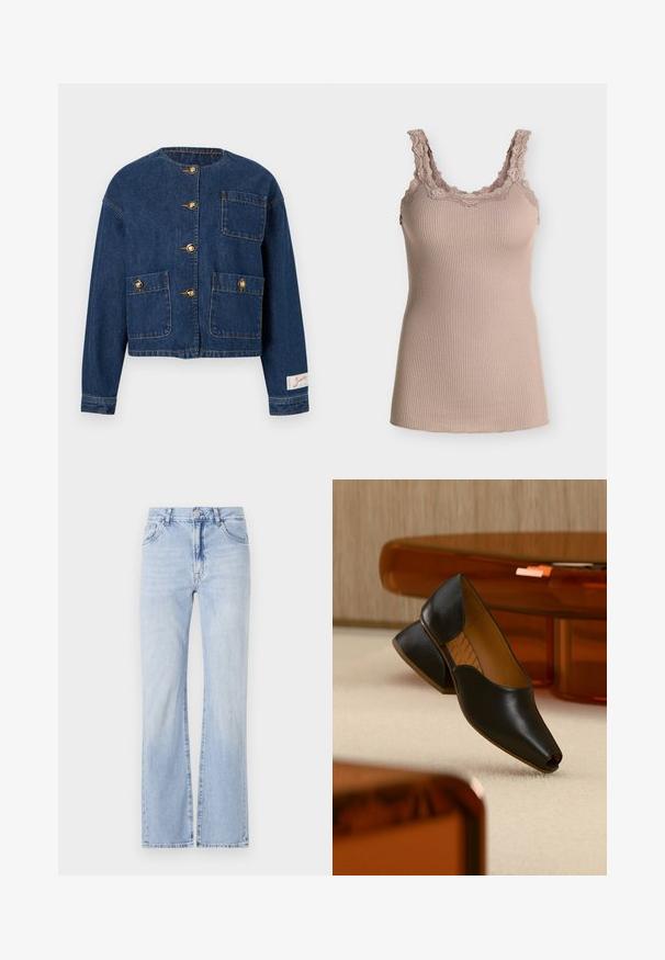 Donkerblauwe denimjas met ronde halslijn, vier gouden knopen als sluiting, drie voorzakken en een klein stoffen label op de mouwboord.; Beige geribd tanktopje met kanten rand langs de halslijn en bandjes, mouwloos en aansluitend model op een effen achtergrond.; Lichtblauwe denim flared jeans met vijf zakken, riemlussen en een knoopsluiting. Zachte textuur met subtiele vervaging.; Zwarte leren open-teen schoenen met een lage, schuine hak en een gladde textuur. De binnenzool heeft een subtiel zigzagpatroon.