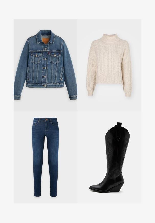 Veste en denim bleu coupe classique, boutons sur le devant, deux poches poitrine et étiquette en cuir. Présente des coutures contrastantes et une texture légèrement usée.; Pull cropped couleur crème avec un col montant, présentant un motif de tricot en torsades texturé et de longues manches légèrement bouffantes.; Jean skinny bleu foncé à cinq poches, fermeture à bouton et délavage minimal sur les cuisses, présenté sur un fond uni.; Botte de cowboy en cuir noir avec bout pointu, talon bloc incliné, couture décorative et languettes en haut sur fond blanc.