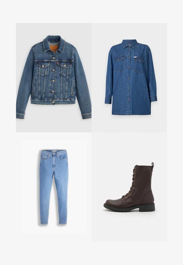 Blauwe spijkerjasje met klassieke pasvorm, knoopsluiting aan de voorkant, twee borstzakken en een leren label. Heeft contrasterende stiksels en een licht versleten textuur.; Denim shirt, lange mouwen, lichtblauw, twee borstzakken, knoopsluiting voor, klassieke kraag, textuurstof, relaxte pasvorm.; Lichtblauwe hoge taille slim-fit jeans met voor- en achterzakken, knoopsluiting en riemlussen op een witte achtergrond.; Bruine leren veterschoenen met een ronde neus, metalen oogjes en een zwarte rubberen zool met textuur. Voorzien van een trekband aan de hiel.
