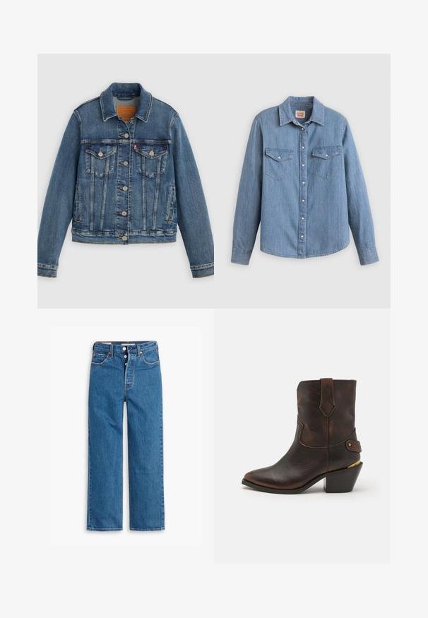 Blå denimjakke med klassisk pasform, knaplukning foran, to brystlommer og lædermærke. Har kontrast syninger og en let slidt struktur.; Lyseblå denimskjorte med lange ærmer, knapper foran, to brystlommer og klassisk krave. Glat tekstur og afslappet pasform.; Blå denim lige ben jeans med høj talje, fem lomme design og knaplukning. Markante syninger og kobberfarvede nitter.; Brune læder cowboystøvle med spids tå og stablet hæl. Har et dekorativt diamantmønster og en rem med hardware-detajle.