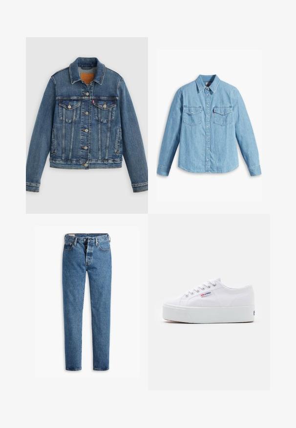Blauwe spijkerjasje met klassieke pasvorm, knoopsluiting aan de voorkant, twee borstzakken en een leren label. Heeft contrasterende stiksels en een licht versleten textuur.; Lichtblauwe spijker blouse met lange mouwen, puntige kraag, twee borstzakken, knoopsluiting en subtiele textuur. Geen zichtbare patronen.; Lichtblauwe spijkerbroek met een rechte snit, vijf zakken en een standaard knoopsluiting. Heeft oranje stiksels en een licht vervaagde textuur.; Witte canvas sneaker met een dikke witte platformzool, ronde neus en metalen oogjes voor veters. Merkl logo aan de zijkant weergegeven.