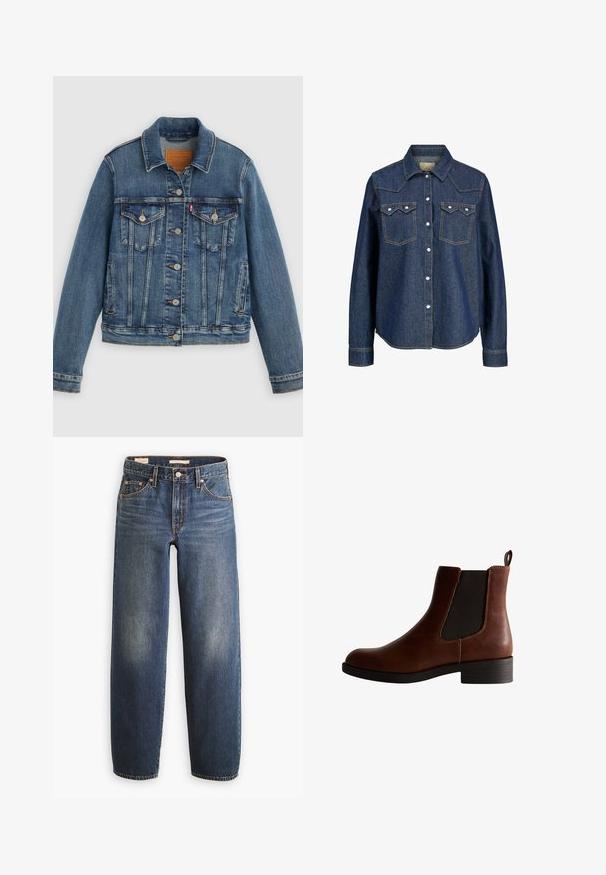 Blauwe spijkerjasje met klassieke pasvorm, knoopsluiting aan de voorkant, twee borstzakken en een leren label. Heeft contrasterende stiksels en een licht versleten textuur.; Donkerblauwe denim overhemd met een puntkraag, twee borstzakken en gestikte accenten. Voorzien van knoopsluiting en lange mouwen.; Donkerblauwe spijkerbroeken met een rechte pijp, voorzien van vijf zakken, koperen klinknagels en subtiele vervaging op de dijen.; Bruine leren enkelboot met elastische zijkanten, ronde neus en een lage blokhak. Kenmerkt zich door contrasterende stiksels en een trekband.