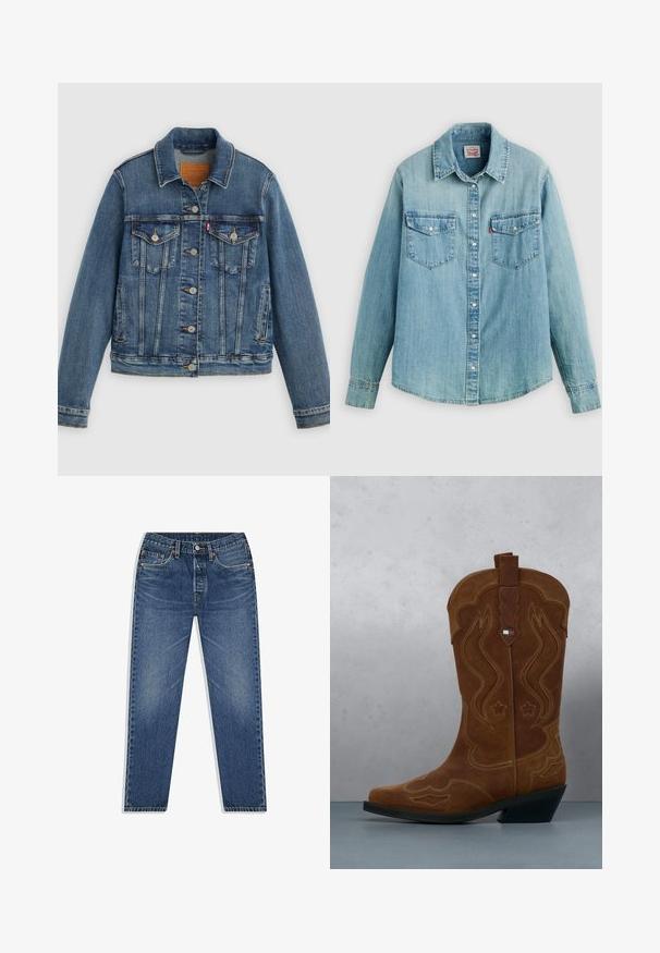 Blaue Denimjacke mit klassischem Schnitt, Knopfleiste, zwei Brusttaschen und Lederetikett. Verfügt über kontrastierende Nähte und eine leicht abgenutzte Textur.; Hellblaues Denimhemd mit klassischem Kragen, vorderer Knopfleiste, zwei Brusttaschen und geknöpften Manschetten sowie einem leicht geschwungenen Saum.; Blaue Denim-Jeans mit geradem Bein, ausgestattet mit einem Knopf- und Reißverschluss, fünf Taschen und dezenten Abnutzungserscheinungen in der Waschung.; Brauner Wildleder-Cowboystiefel mit dekorativer Stickerei und einem Flaggenemblem am Schaft, stehend auf einem Boden aus Holzlatten im Freien.