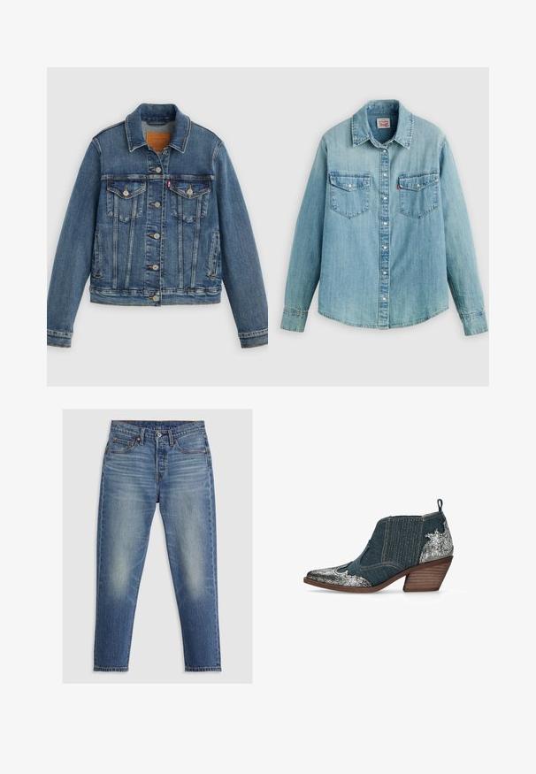 Blaue Denimjacke mit klassischem Schnitt, Knopfleiste, zwei Brusttaschen und Lederetikett. Verfügt über kontrastierende Nähte und eine leicht abgenutzte Textur.; Hellblaues Denimhemd mit klassischem Kragen, vorderer Knopfleiste, zwei Brusttaschen und geknöpften Manschetten sowie einem leicht geschwungenen Saum.; Hellblaue Denim-Jeans mit geradem Schnitt, fünf Taschen, Knopfverschluss und dezenten Ausbleichungen an den Oberschenkeln. Sichtbare Kontrastnähte.; Knöchelhoher Jeansstiefel mit silbernen, rissigen Lederakzenten, spitzer Spitze, geschichtetem Holzabsatz und elastischen Seitenfalten für leichtes Anziehen.