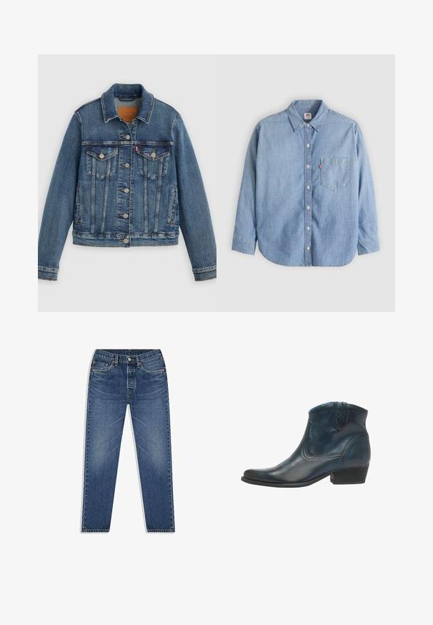 Blå denimjakke med klassisk pasform, knaplukning foran, to brystlommer og lædermærke. Har kontrast syninger og en let slidt struktur.; Lyseblå denimskjorte med button-down-krave, forlompe og lange ærmer. Har en buet kant og en subtil tekstur.; Blå denim jeans med lige ben-design, der har knap- og lynlåsgylpter, fem lommer og subtilt slid i vasken.; Cowboy ankel støvler lavet af mørkeblåt læder, med spidse tæer, buede detaljer og en lav, stablet hæl med subtile syninger.
