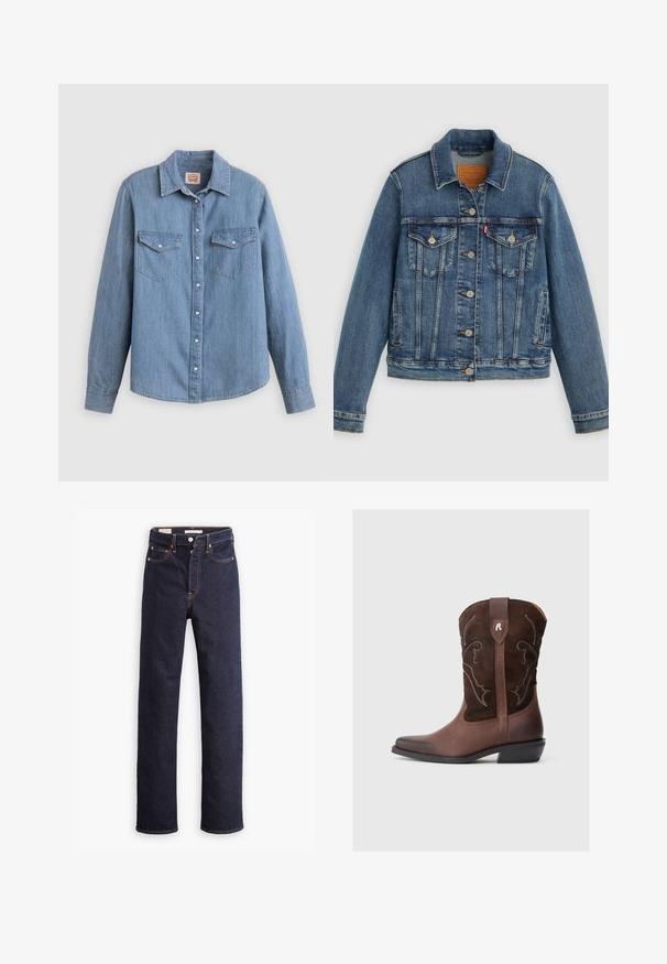 Veste en denim bleu coupe classique, boutons sur le devant, deux poches poitrine et étiquette en cuir. Présente des coutures contrastantes et une texture légèrement usée.; Chemise en denim bleu clair à manches longues, boutonnée à l'avant, avec deux poches poitrine et un col classique. Texture lisse et coupe décontractée.; Jean en denim droit bleu foncé avec cinq poches et coutures orange visibles sur un fond blanc.; Botte de cow-boy en cuir marron avec un dessus en daim texturé, des coutures blanches détaillées, un bout pointu et un talon bas carré.