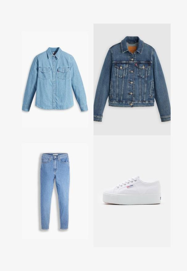 Blauwe spijkerjasje met klassieke pasvorm, knoopsluiting aan de voorkant, twee borstzakken en een leren label. Heeft contrasterende stiksels en een licht versleten textuur.; Lichtblauwe spijker blouse met lange mouwen, puntige kraag, twee borstzakken, knoopsluiting en subtiele textuur. Geen zichtbare patronen.; Lichtblauwe hoge taille slim-fit jeans met voor- en achterzakken, knoopsluiting en riemlussen op een witte achtergrond.; Witte canvas sneaker met een dikke witte platformzool, ronde neus en metalen oogjes voor veters. Merkl logo aan de zijkant weergegeven.