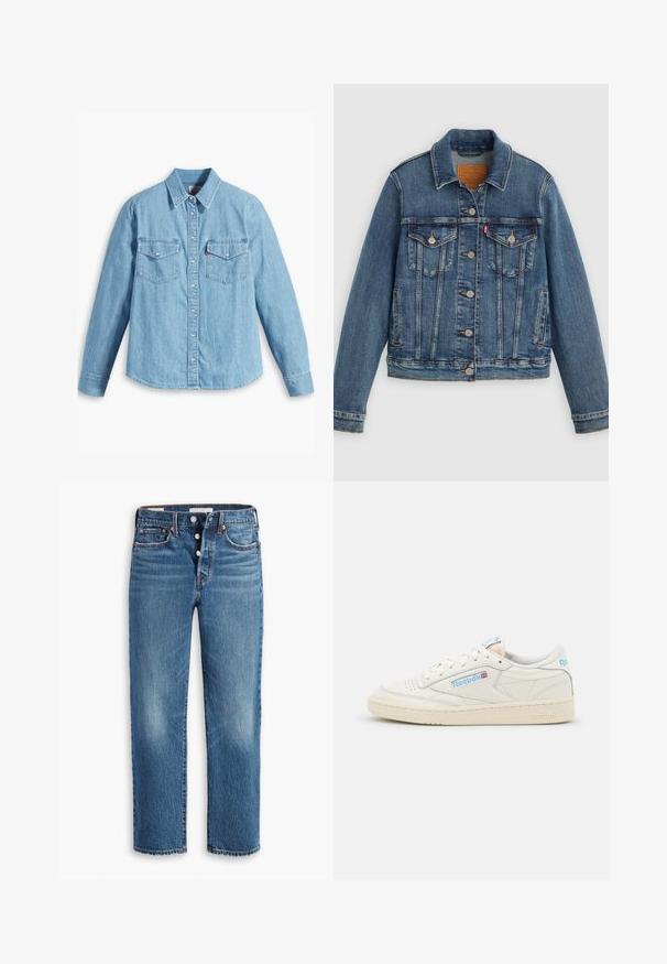 Blaue Denimjacke mit klassischem Schnitt, Knopfleiste, zwei Brusttaschen und Lederetikett. Verfügt über kontrastierende Nähte und eine leicht abgenutzte Textur.; Helles blaues Denimhemd mit langen Ärmeln, spitzem Kragen, zwei Brusttaschen, Knopfleiste und subtiler Struktur. Keine sichtbaren Muster.; Blaue Jeans aus Denim mit geradem Bein, ausgestattet mit einem Knopfverschluss, fünf Taschen und einer leicht ausgebleichten Textur an der Vorderseite.; Reebok-Sneaker aus beige Leder mit hellblauen Akzenten. Verfügt über eine perforierte Zehe, flache Schnürsenkel und eine strukturierte Gummisohle.