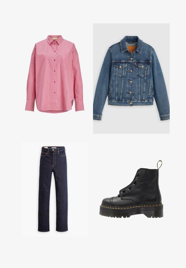 Blå denimjakke med klassisk pasform, knaplukning foran, to brystlommer og lædermærke. Har kontrast syninger og en let slidt struktur.; Langærmet lyserød skjorte med lodrette røde striber, knaplukning foran, spids krave, brystlomme og brede manchetter.; Mørkeblå straight-leg denim jeans med fem lommer og synlig orange syning på hvid baggrund.; Sorte læder ankelstøvler med tekstureret overflade, rund tå, snørebåndsdesign, gule stikninger og en tyk, rillet sort platformsål.