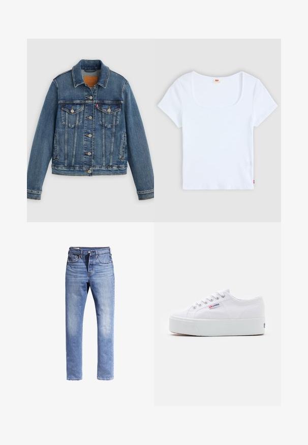 Veste en denim bleu coupe classique, boutons sur le devant, deux poches poitrine et étiquette en cuir. Présente des coutures contrastantes et une texture légèrement usée.; Haut blanc à manches courtes avec un décolleté carré, fabriqué en tissu à texture côtelée. Présente une petite étiquette logo rouge en bas à gauche.; Jeans en denim bleu clair avec une coupe droite, cinq poches et des coutures contrastées. Le tissu semble légèrement usé.; Baskets en toile blanches avec une épaisse semelle plateforme blanche, bout rond et œillets en métal pour les lacets. Logo de la marque affiché sur le côté.