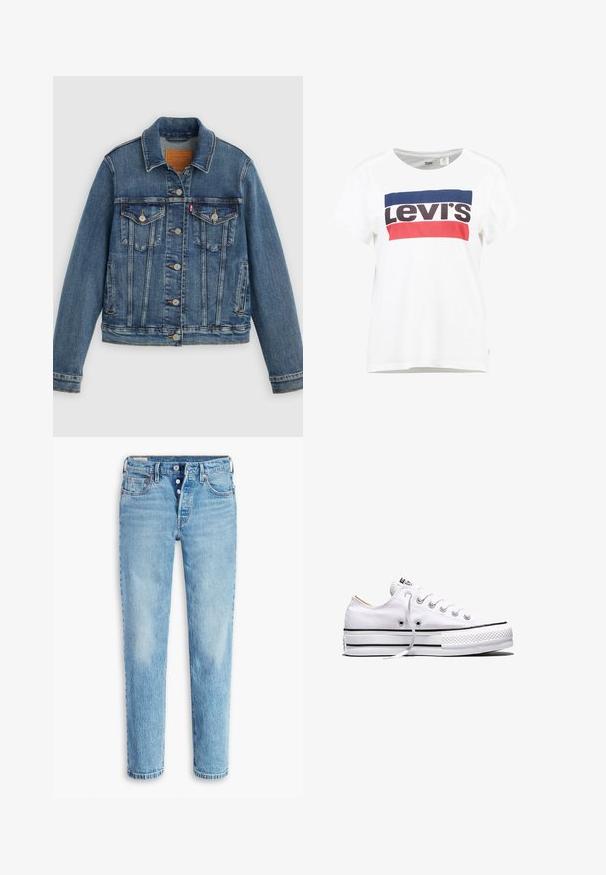 Blå denimjakke med klassisk pasform, knaplukning foran, to brystlommer og lædermærke. Har kontrast syninger og en let slidt struktur.; Hvid bomulds t-shirt med korte ærmer og rund hals, med et centralt blå, rød og sort Levi's logo design.; Lyseblå denimbukser med lige ben-design, fem lomme-styling og knaplukning. Har slidte områder og kærkomne folder for tekstur.; Hvid lavtop lærredssneakers med hvide snørebånd, sorte striber på sålen og gummieret tekstureret tåhætte, sidevendt på hvid baggrund.
