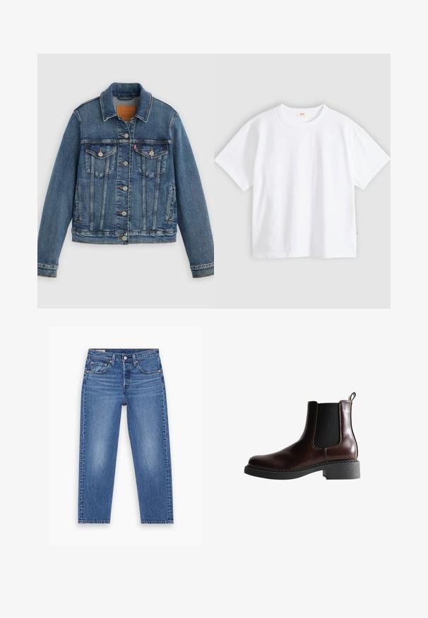 Blå denimjakke med klassisk pasform, knaplukning foran, to brystlommer og lædermærke. Har kontrast syninger og en let slidt struktur.; Hvid bomuld t-shirt med korte ærmer, rund hals, afslappet pasform, glat tekstur og en lille logolabel på venstre sidesøm.; Blå højtaljede lige ben jeans med frontknap, lynlås og fem-lomme design, vist fladt på en hvid baggrund.; Brune læder ankelstøvle med elastiske sidepaneler, rund tå og en struktureret sort gummisål. Har kontrasterende syninger og en trækflap.